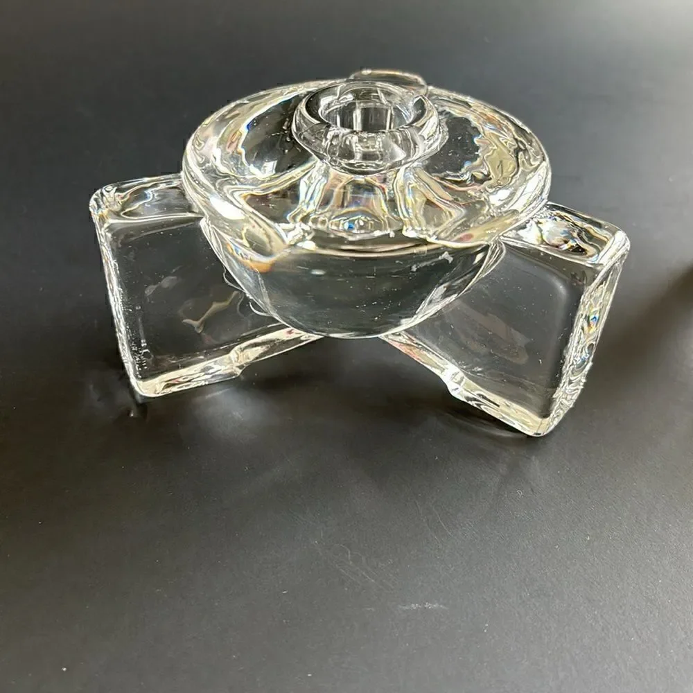 Vintage Heavy Clear Glass 3 Footed Round Candle Holders Set of 2 Art Deco Style